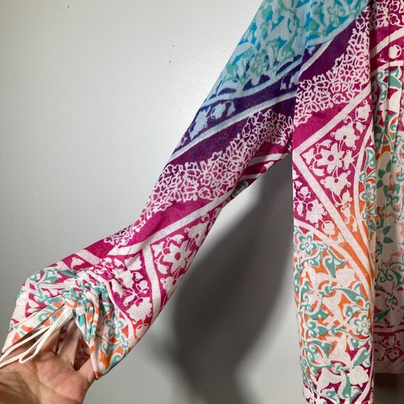 Womens Chicos Lightweight Open Cardigan Ruched Sleeves Medallion Floral M - Picture 4 of 10